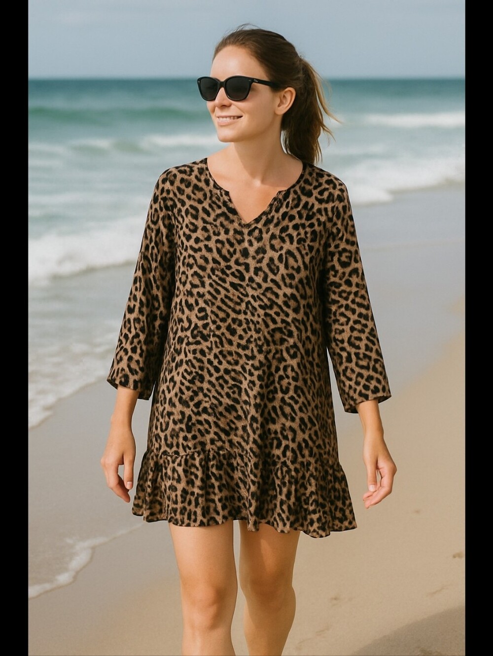 Tahari Leopard Mesh Print Tunic - Beige & Black